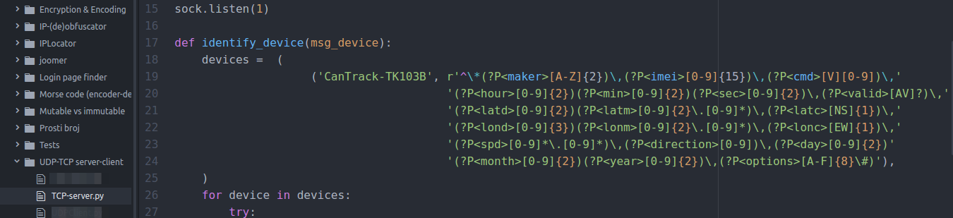 Python regex in TCP server